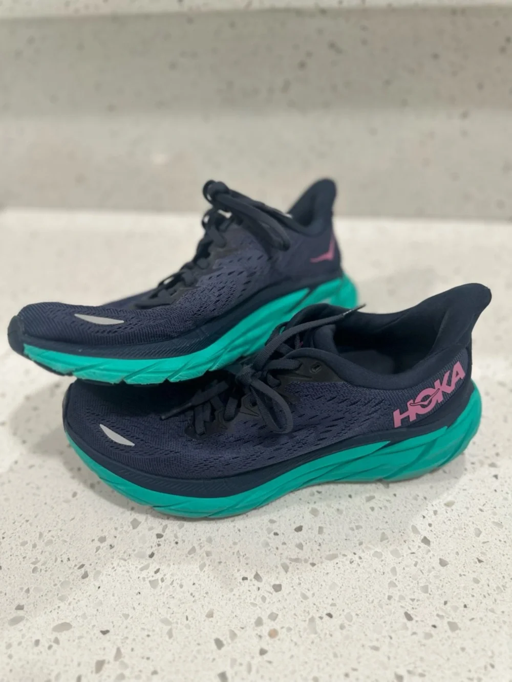 Hoka Women's Navy Blue Teal Running Shoes with Pink Logo - Picture 2 of 15